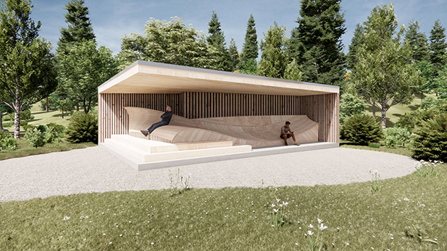 Das Bild zeigt das Modell eines Holzpavillons, der aus den Verschalungen gebaut werden könnte. Er steht im Grünen, umgeben von Bäumen. Unter dem Dach sitzen zwei Männer.