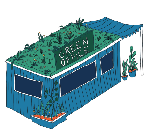 Eine grafische Darstellung eines Green-Offices als begrünter Container vom Netzwerk-n Eine grafische Darstellung eines Green-Offices als begrünter Container vom Netzwerk-n