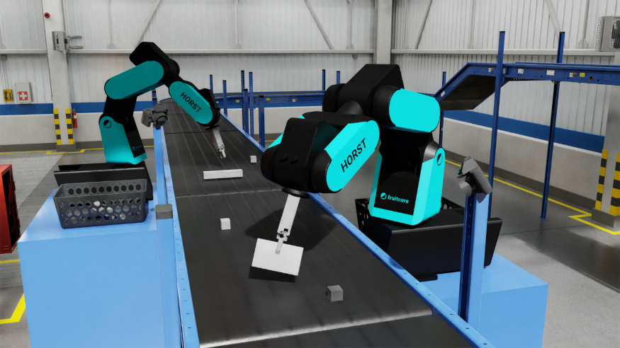 Simulativer, exemplarischer Versuchsaufbau mit zwei Robotern, Sensoren und Beispielobjekten.