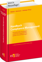 Bild von dem Handbuch Compliance-Management. Das Buch hat einen roten Buchrücken, der obere Teil des Covers ist gelb, der untere Teil Rot. Die Schrift auf dem Cover ist weiß und rot.