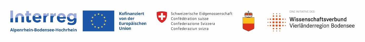 Logo unterschiedlicher Beteiligter, wie Interreg, der EU, der schweizerischen Eidgenossenschaft, Liechtenstein und dem Wissenschaftsverbund Vierländerregion Bodensee.