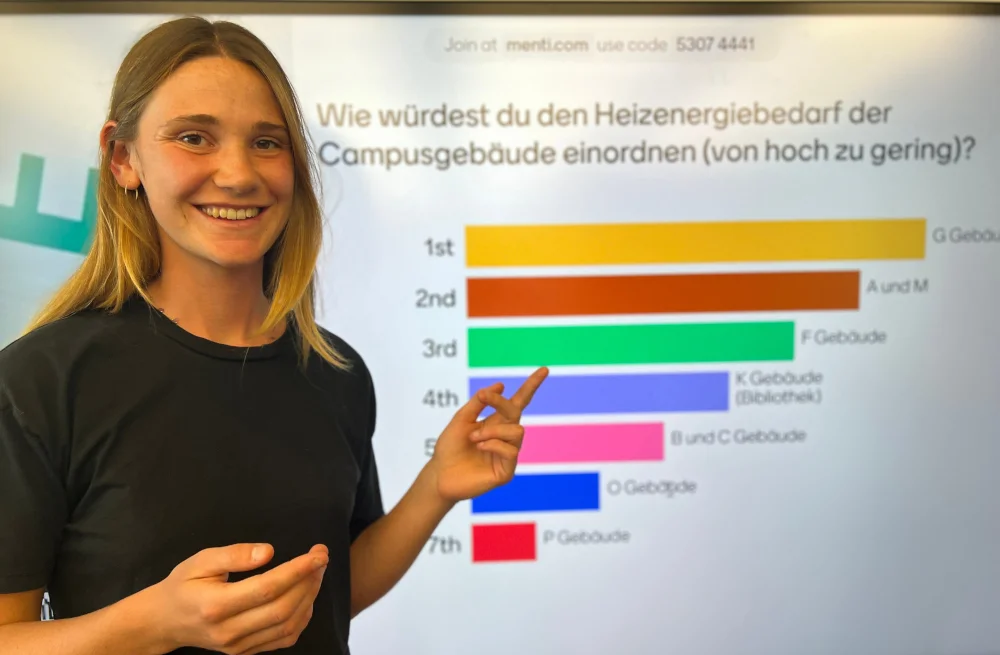 Die Klimaschutzmanagerin Mirjam Gröger steht vor einer Infografik zum Wärmeenergiebedarf der Hochschule