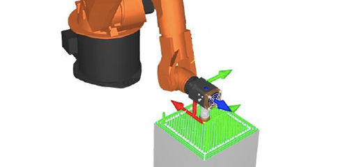 Bild eines Simulationsmodells eines Roboterarms welcher mit einem speziellen Aufsatz 3d-Drucken kann