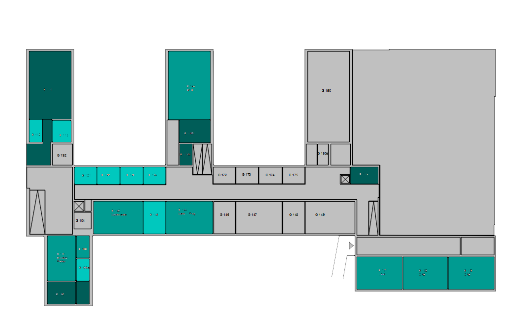 Raumplan Gebäude G: Räume des Rechenzentrums sind grün markiert. Alle anderen sind grau.