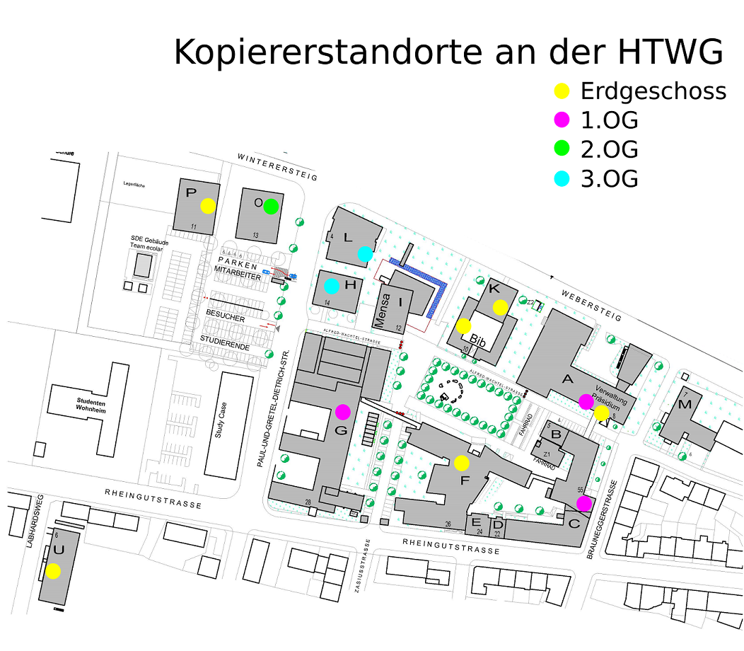 Campusplan auf dem die Kopierer mit farbigen Punkten markiert sind.