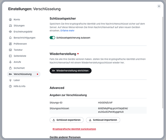 Screenshot der Einstellungen Verschlüsselung 