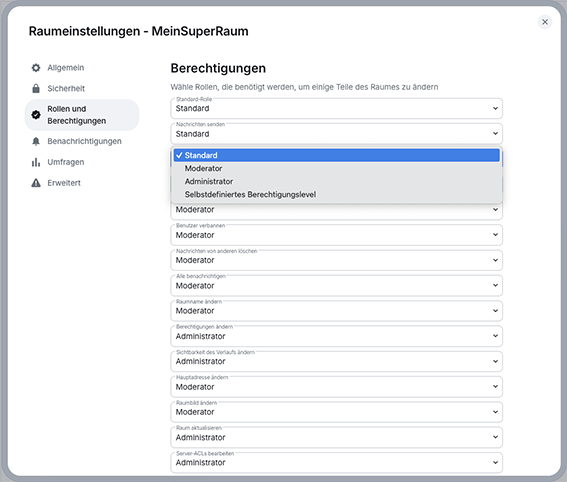 Screenshot - Es werden die Einstellungen der Rollen dargestellt