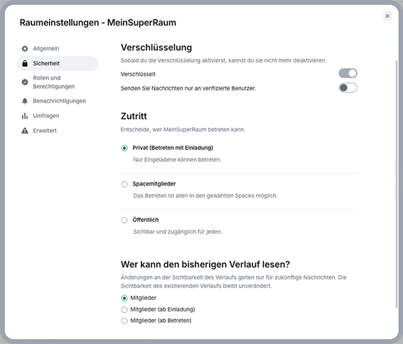 Screenshot - die Sicherheitseinstellungen für einen Raum werden angezeigt, z.B. wer den Raum betreten darf