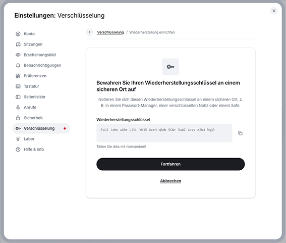 Screenshot des Fensters Einstellungen - Verschlüsselung- Wiederherstellungsschlüssel sicher aufbewahren