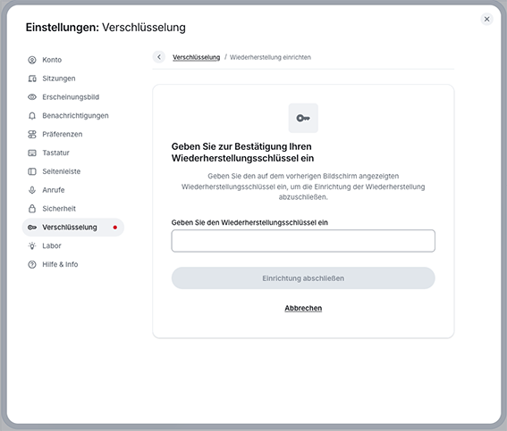 Screenshot zur Bestätigung des Wiederherstellungsschlüssels