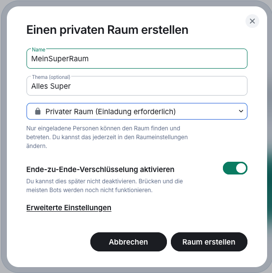Auf dem Screenshot ist der Dialog zu sehen, mit dem Räume erstellt werden