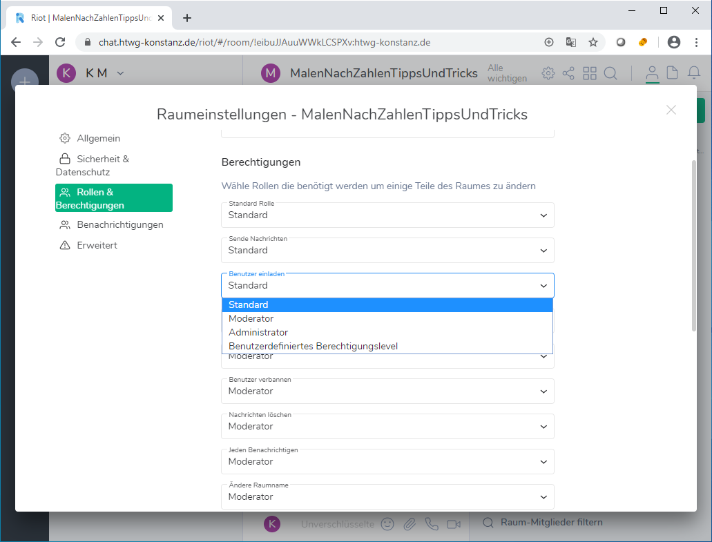 Einstellung Rollen in einem Raum Screenshot - Es werden die Einstellungen der Rollen dargestellt