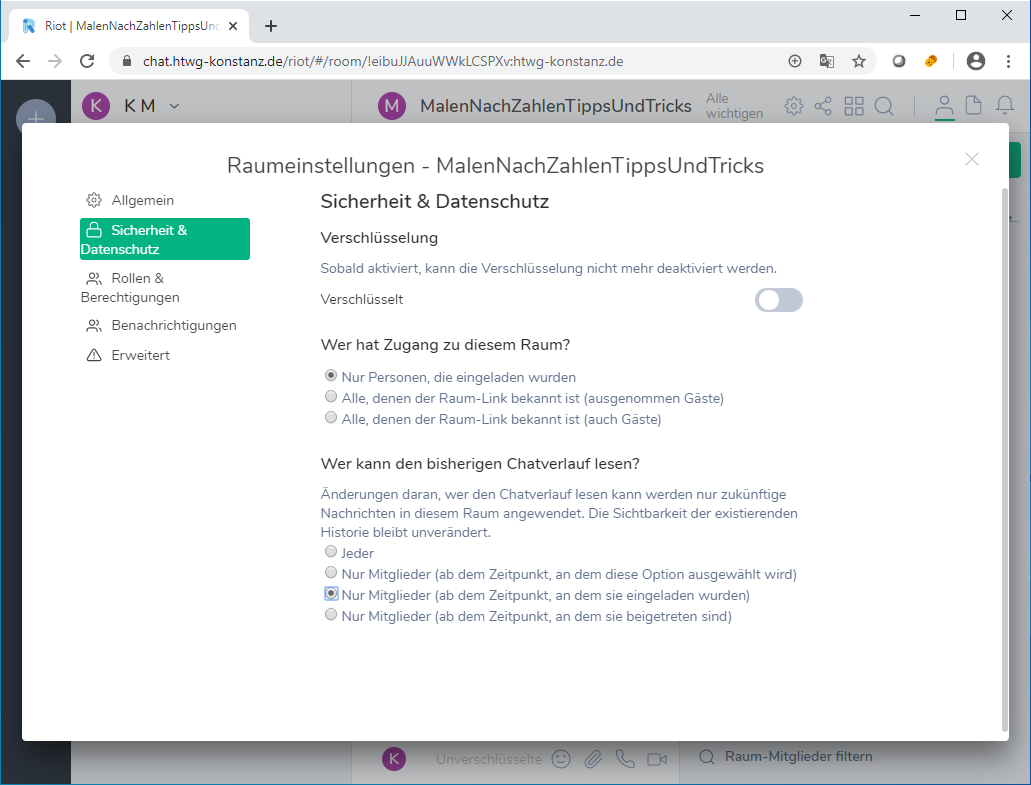 Sicherheitseinstellungen für einen Raum Screenshot - die Sicherheitseinstellungen für einen Raum werden angezeigt, z.B. wer den Raum betreten darf
