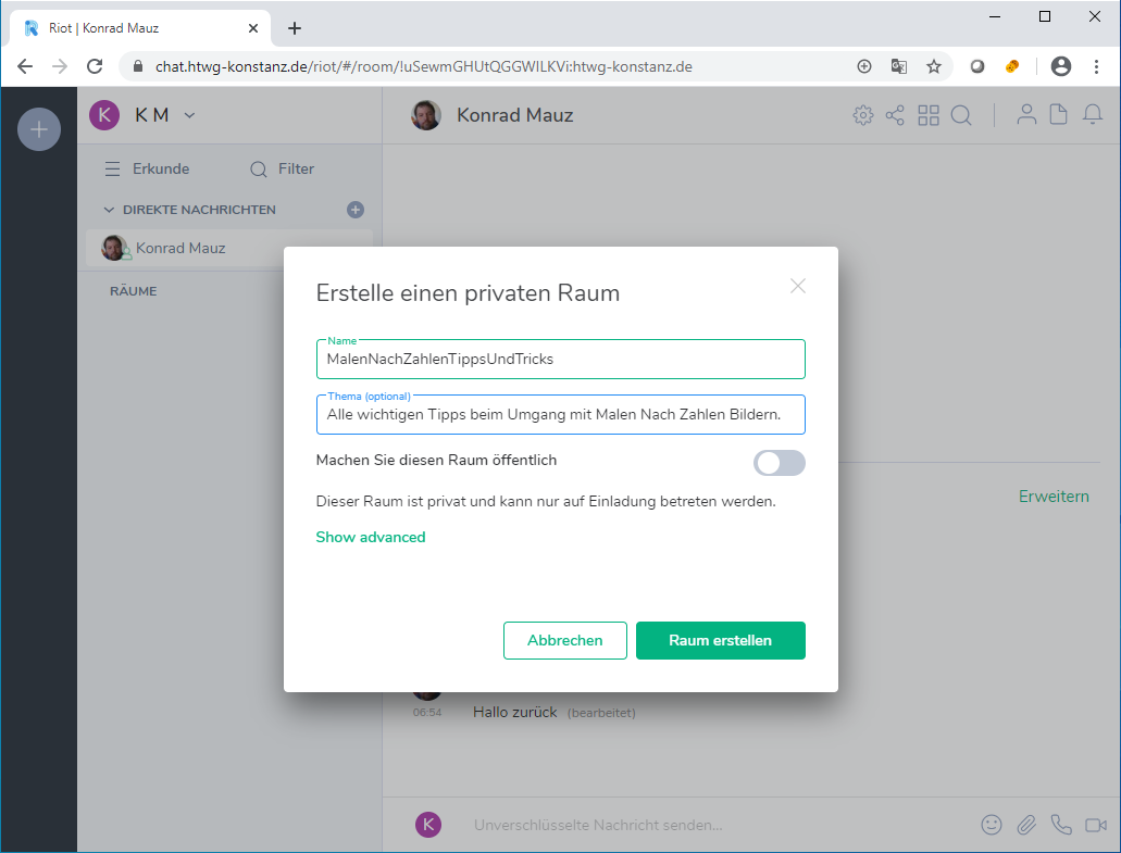 Raum Erstellen Auf dem Screenshot ist der Dialog zu sehen, mit dem Räume erstellt werden