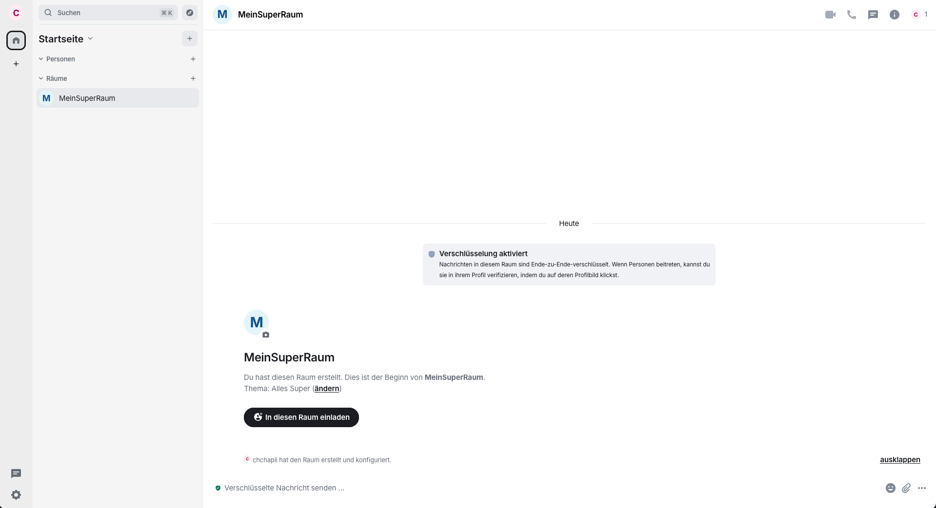 Der Screenshot zeigt den Startbildschirm von Elements/Matrix mit den Bereichen Räumen, Personen und Chat
