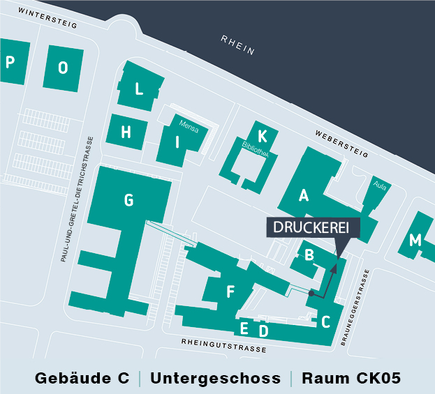 Lage der Hausdruckerei auf dem Campus im Untergeschoss des Gebäudes C