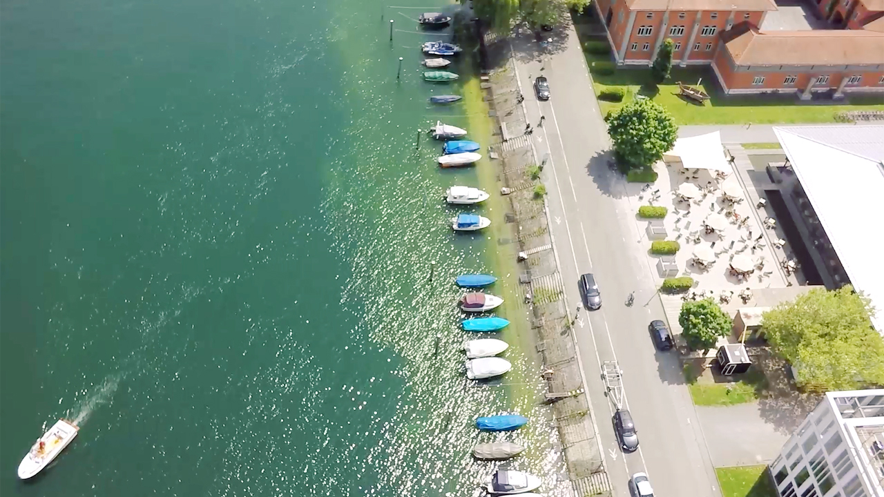 Birds-eye view of the Rhine River and the beach bar