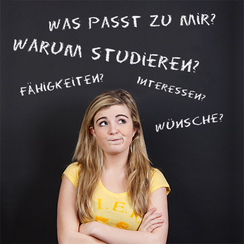 Photo montage of a young woman with a quizzical look on her face and a series of questions floating above her head