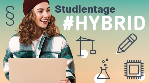 Studientage hybrid: Mädchen mit Laptop inmitten von Piktogrammen verschiedener Studienfächer