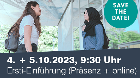 Zwei Studentinnen unterhalten sich. Text: 04.10.2023, 9:30 Uhr, Ersti-Einführung (Präsenz + online)