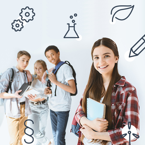 Gruppe von Schüler*innen mit Piktogrammen verschiedener Studiengänge