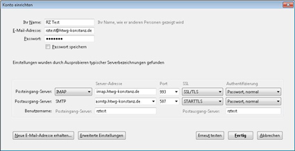 Konfiguration der  Mailserver: Posteingangsserver imap.htwg-konstanz.de, Postausgangsserver: asmtp.htwg-konstanz.de