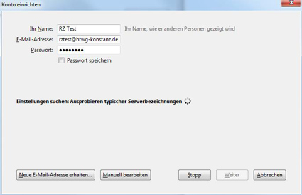 Konfigurationsmaske Emailkonto einrichten